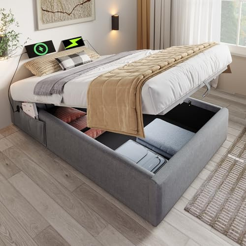 Zravenna Polsterbett 90×200 cm mit Bettkasten, Gepolstert Bett mit Struraum, Struraumbett mit US/B-C, Bettgestell mit Vollflächiger Lattenrost, Ohne Kopfteil, Baumwolle, Grau