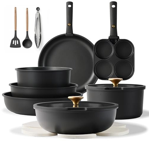 CAROTE 19pcs Pots and Pans Set, Nonstick Cookware Set Detachable Handle, Induction Kitchen Cookware Sets Non Stick with Removable Handle, RV Cookware Set, Gold and Dark Gray
