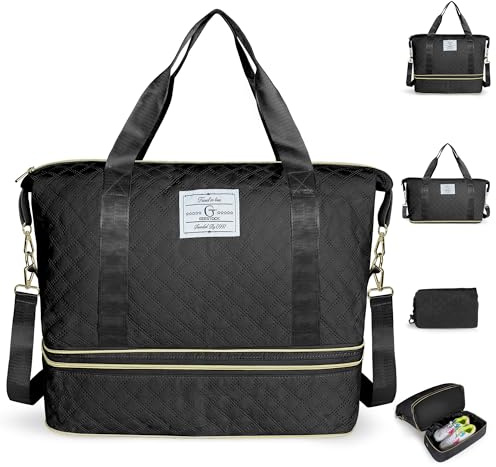 Geestock Travel Duffle Bag for Women Men, Expandable Weekender Overnight Bag with Shoes Compartment, Lightweight Carry on Personal Item Gym Bag for Travel, Airplanes, Sports, Black