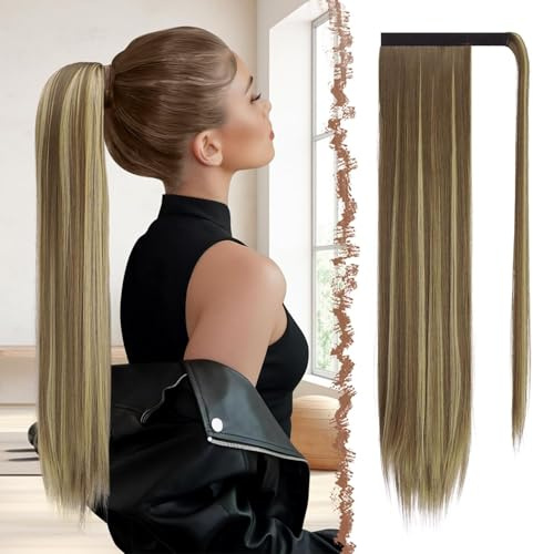 FESHFEN Posticci per Capelli Extension Coda Di Cavallo Capelli Finta Lunga Estensione Capelli Sintetici Coda Capelli Extensions per Donna, 60 cm Castano Chiaro e Biondo
