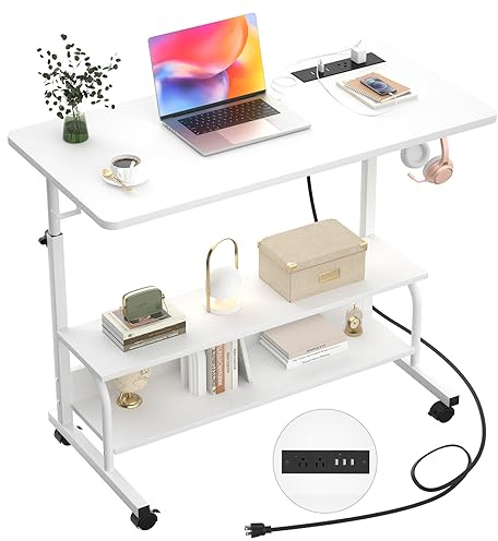 Armocity Rolling Standing Desk with Power Outlets, 32 Manual Height Adjustable Mobile Computer Desk with Wheels, Small Portable Sit Stand Laptop Couch Table for Bed & Sofa Home Office, Whtie