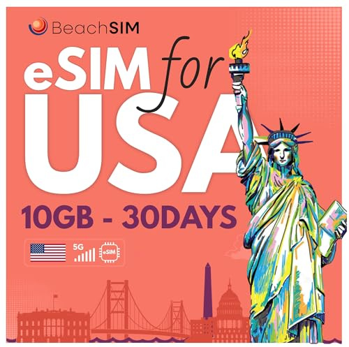 BeachSIM USA eSIM 30 Tage. 10 GB Datenvolumen mit 4G/5G-Netz. Nur Daten. Schnelle Aktivierung. Einfaches Aufladen. Funktioniert mit eSIM-kompatiblen Geräten.