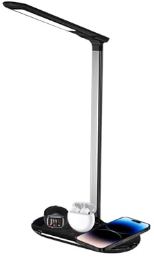 Luieonm Lámpara de escritorio regulable, lámpara de mesa, cargador inalámbrico, luz de mesita de noche, iluminación ajustable plegable, cargador de teléfono recargable por USB, luz de lectura