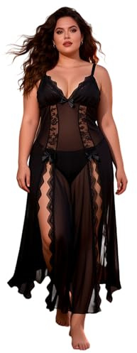 ohmydear Damunderkläder, spets, sexiga underkläder, set, nät, babydoll, negligé, V-ringad, lång chemise, nattkläder, kläder, slitsade klänningar, sexigt nattlinne med matchande G-string, svart, S