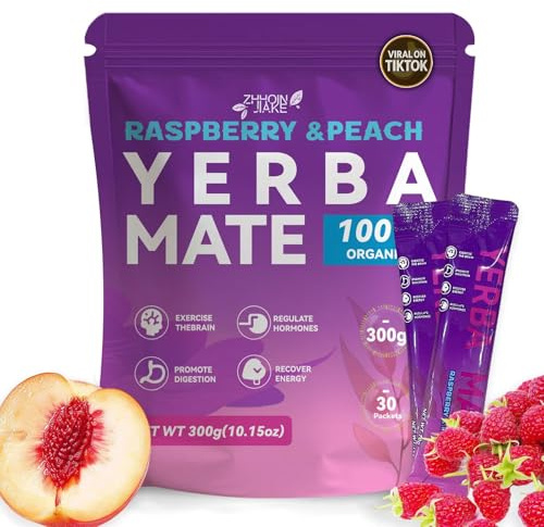 Yerba Mate Instant Tea Powder - Raspberry Peach Flavor - Gut Health & Clean Energy Super Drink with Nootropics, Prebiotics & Probiotics - Energy Boost & Focus - 30 Sticks (300g)