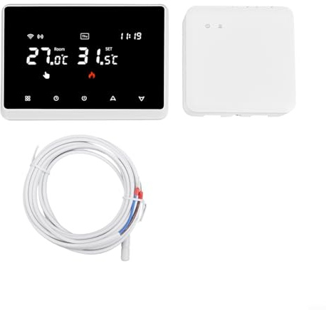 Termostato inteligente WiFi con receptor de radiofrecuencia, control de voz y gestión de aplicaciones para calefacción de caldera de gas (blanco + sensor)