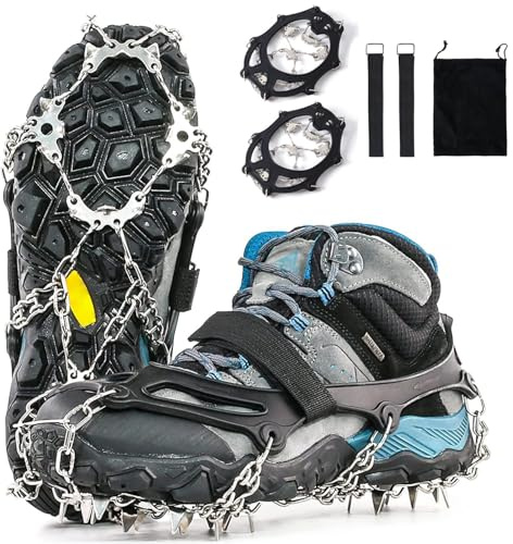 MILIWAN Steigeisen für Bergschuhe 28 Spikes Edelstahl Anti-Rutsch EIS Schnee Grips für Schuhe Stiefel, Sicherer Steigeisen Eisstollen Traktion für Walking, Joggen, Klettern und Wandern