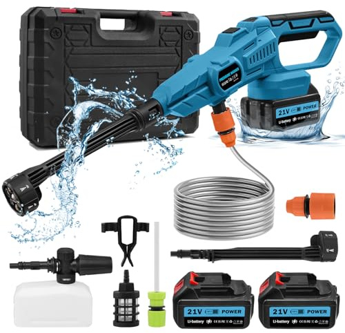 Sararoom Akku Hochdruckreiniger, Max 120Bar Pressure Washer, 21V Tragbarer Druckreiniger - Mobiler Druckreinigerpistole mit 2x3.0Ah Batterie,6 in 1 Düse,5M Schlauch,Power Jet Wash für Auto Gärten Pool