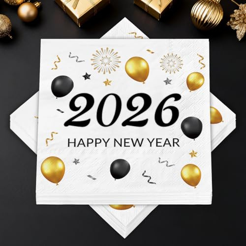 40 Stück Silvester Servietten, Happy New Year 2026 Servietten, Dekorations Papierservietten 2026, Silvester Partyservietten für Neujahr Party Tischdeko Silvesterdeko, 33 x 33 cm