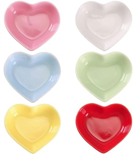 DBZQSCW Set of 6 Ceramic Dipping Bowls, Heart Shaped Small Bowl Side Dishes Porcelain Soy Sauce Plates Seasoning Dish Bowls for Tomato Sauce Condiments Sushi Dishes Soy auces BBQ Party Supplies