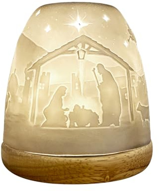 Cello Porcelain Tall Tealight Holder Dome - Nativity Design with 3D Projection Image for Scented Unscented LED Candle Wax Warmer Gift Ornament for Home Bedroom Mum Dad