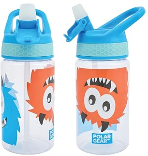 Polar Gear 430ml Kids Bottle with Easy Open Flip Cap - BPA Free, Spill-Proof Soft Spout, Secure Screw Cap Closure, Suitable for Ages 48 Months and Up - Monsters, Blue