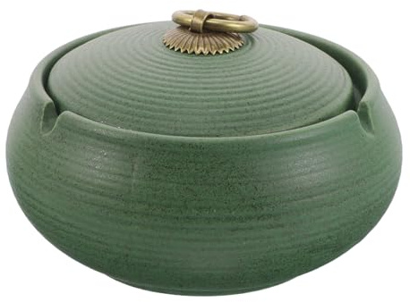 Ciieeo Cenicero de Cerámica con Tapa Verde, Ignífugo y Compacto, Resistente al Viento para Interior y Exterior, Cenicero Decorativo para Hogar, Oficina y Mesa, Diseño Práctico y Estable