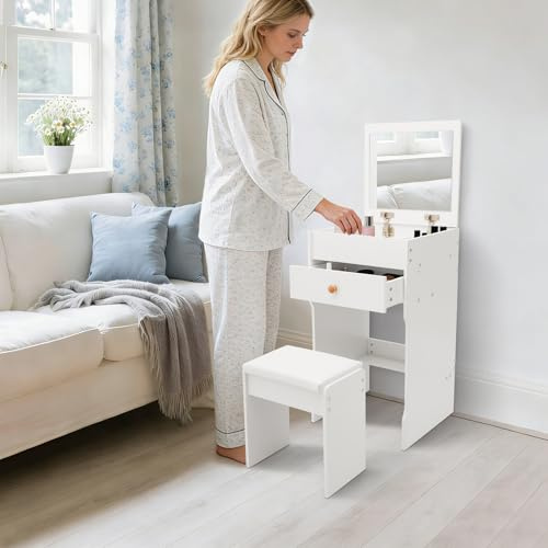 HongKKon 3 in 1 Schminktisch mit Hocker, Frisiertisch mit Klappspiegel und Schubladen, Langlebig, Schminktisch Schmal, Beistelltisch Kompakte Schminkkommode Set für kleine Räume (Weiß)