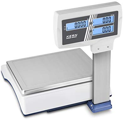 KERN Preisrechnende Waage RIB 30K-2HM (Wägebereich 15 kg / 30 kg, Ablesbarkeit 5 g / 10 g, drei Displays, schmutzabweisend, mit Stativ 40,5 cm)