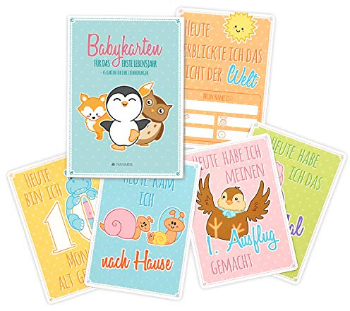 Navaris Baby Karten Meilenstein Cards - erstes Jahr nach Geburt - Erinnerungen an die ersten Monate - 45er Set für Jungen und Mädchen auf Deutsch