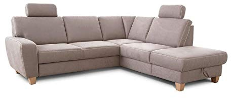 Cavadore Ecksofa Wisconsin mit Vorziehsitz / Eckcouch mit Federkern in Lederoptik / Inkl. 2 Kopfstützen + Bettkasten / Landhausstil / Holzfüße in Buche / Mikrofaser / 248 x 88 x 218 cm / Hellgrau