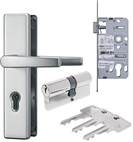 ABUS Türbeschlag Set aus Schutzgarnitur DR/DR silber Einsteckschloss Türzylinder A93 30/30 mm inkl. 3 Schlüssel als Grundausstattung für Wohnungseingangstür