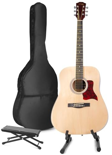 MAX SoloJam Akustik Gitarre Set - Westerngitarre, Gitarrenständer, Fußstütze, Gitarrentasche, Plektrum, Gitarrenstimmgerät, Schultergurt, Saiten, Gitarren-Starterset mit Zubehör - Natur
