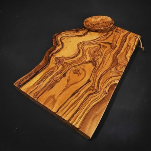 What the Art!® Olive Wood «Half Rustic» Gr. M | Olivenholz Schneidebrett + Dip-Schälchen | Handarbeit | ca. 30 x 14-17 x 2 cm | Käsebrett - Servierbrett - Brotzeitbrett - Vesperbrett