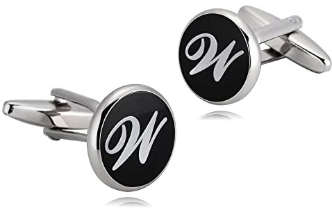 Whoiy Manschettenknöpfe Herren mit Initialen W, Manschettenknopf mit Gravur Edelstahl Schwarz Weiss für Männer Smokinghemd Kostenlos Gravieren