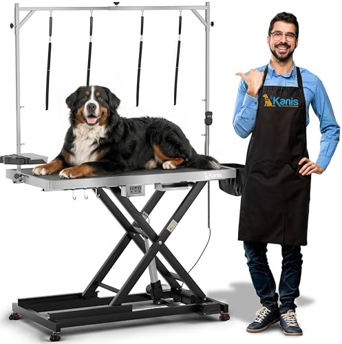 KANIS Professional Electric Dog Grooming Table - Heavy Duty, Height Adjustable Pet Grooming Table w/Leveling Wheels, Grooming Arm, Anti-Slip Tabletop & Tool Organizer/Dog Grooming Station (Black, 49)