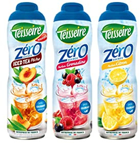 Lot de 3 sirops Teisseire Zéro Sucres (Iced Tea Pêche, Grenadine, Citron) pour Boisson Rafraîchissante, Cocktails, Bidon Recyclable 3x60cl