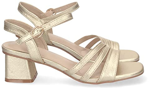 shoes&blues.es 74071 Sandalia de Tacon para Mujer, Comoda, Triple Pala Fina, Estampado Brillante, y Cierre de Hebilla en el Tobillo Oro Talla 36