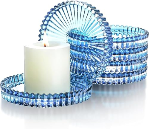 kanpura 6 Blaue Glas-Kerzen-Teller, Glas-Säulenkerzenhalter-Teller, Glas-Kerzenuntersetzer, kleine runde Kerzentabletts für Stumpenkerzenaufsatz