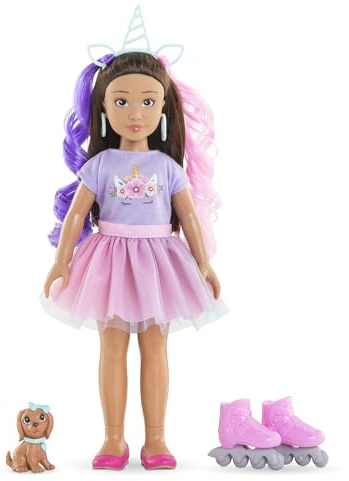 Corolle Girls Luna Einhorn Set, Ankleidepuppe mit Hund, Unicorn-Haarreif, Ohrringe und extra Inlineskates, Vanilleduft, 28cm, ab 4 Jahren