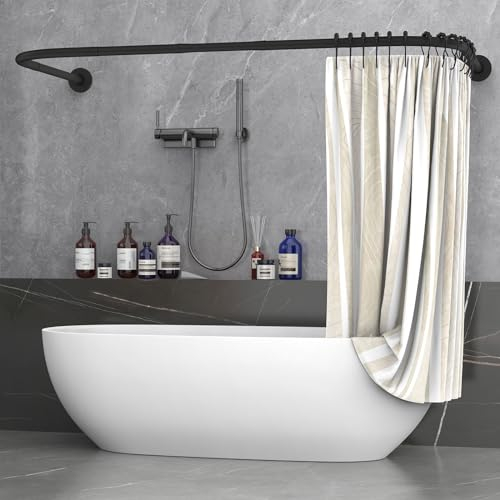 Misounda Duschvorhangstange U/L Form 75×(150-190)×75 cm - Duschstange für Duschvorhang Badewanne Ecke Schiene mit Stange 2 in 1 - Ohne Deckenhalterung - Inkl 24 Ringe aus Edelstahl - Schwarz