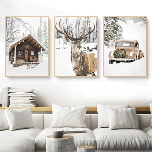 CULASIGN 3er Premium Poster Set, Modern Winter Bilder, Wandbilder Wanddeko für Wohnzimmer Schlafzimmer, Winterlandschaft Bilderset Elch, Holzhaus,Auto, Eichhörnchen,Wald - Ohne Rahmen (ABC,30x40cm)