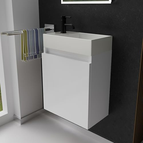 Alpenberger Gäste WC Waschbecken mit Unterschrank 45 cm | Badezimmerschrank Schmal | Badmöbel Set Waschplätze für Kleine Bäder | Waschbeckenunterschrank (Weiß, Waschbecken - Rechte Seite)
