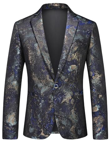 SUCADA Langarmanzug Für Herren Mode Brünieren Druck Anzugjacken Für Herren Klassisch Slim Fit Revers Blazer Herren Anzug Männer Casual Party Übergangsjacke Herren A-Blue XL