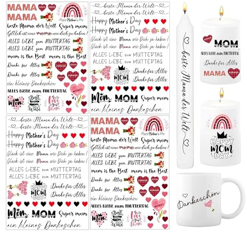 Profiqualität Kerzenfolie, Kerzen Tattoo Folie Muttertag,4 Stück Kerzen Aufkleber Kerzentattoo,Wasserschiebefolie Kerzen,Mama Wasserschiebefolie DIY Kerzen,Kerzensticker–Muttertag Kerzentattoos