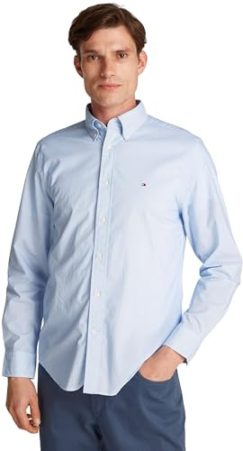 Tommy Hilfiger Uomo Camicia Flex Poplin Fake Solid Regular Fit, Blu (Optic White PRT), S