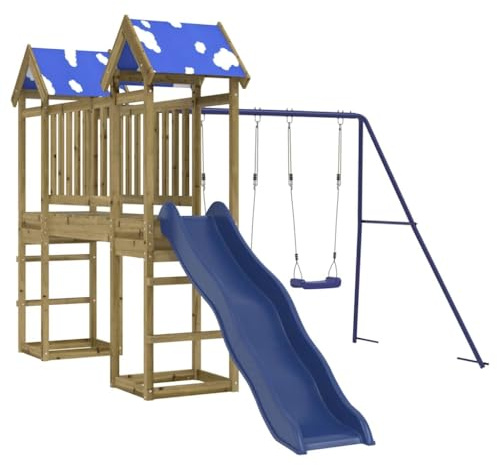 vidaXL Spielturm, Klettergerüst mit Dach Rutsche Schaukeln Brücke, Kinder Kletterturm Spiel-Zubehör für Garten, Holz Spielplatz Spielhaus, Kiefernholz Imprägniert