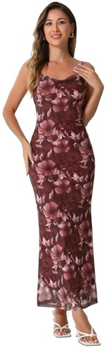 Allegra K Vestido largo de malla floral para mujer, vestido de cóctel ajustado con tirantes delgados, para invitada de boda