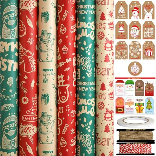 FullJoyHut 6 Rollen Weihnachtsgeschenkpapier je 43cm x 3M - Geschenkpapier Weihnachten Rollen Set Kraftpapier Weihnachtspapier mit Geschenkanhänger Geschenkband für Xmas Geschenkverpackung