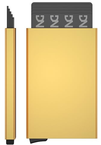 DarNova RFID-skyddande metallkorthållare - automatisk korthållare i aluminium för män och kvinnor minimalistisk plånbok för kort, ID och dokument - snygg design, Guld, 9,5 x 6 cm, Minimalistisk