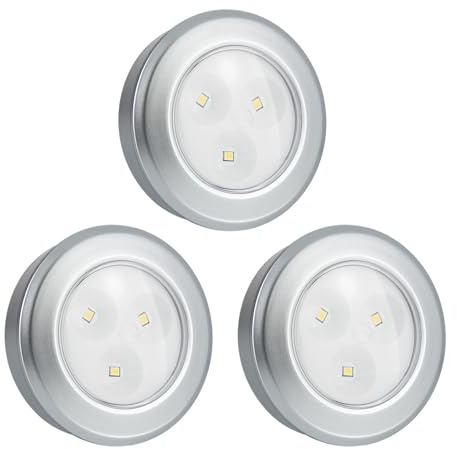 HONWELL Push Light, batteriebetriebenes Puck Light,Wasserhahnleuchte mit 60 Lumen und 3000K Schranklampe Drücken Sie Lampe Lampe zum Aufkleben,Ideal für Küchenschränke und Schränke, 3er-Pack, Silber