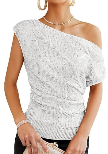 Segreto Damen Glitzernde Pailletten Tops Eine Schulter Geraffte Asymmetrische Glitzer Tops Slim Fit Party Shirts Bloues, Weiß/XL