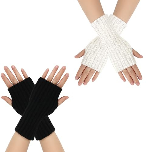 AWOCAN 2PCS Armstulpen für Damen, warm, gestrickt, fingerlose Handschuhe, Handgelenkwärmer, Fäustlinge, kurze Armstulpen (Schwarz+Weiß-Stil2-B)