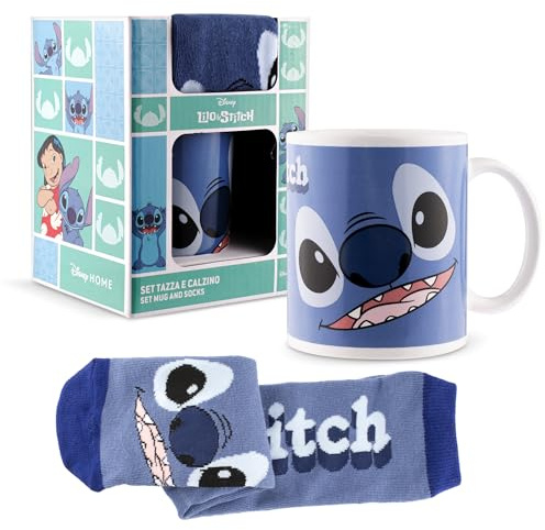 Disney Stitch - Tasse de 350 ml et chaussettes - Cadeau pour les fans (bleu)