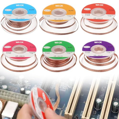 PYEUIFT 6 Pièces Tresses à Dessouder, 1.5M Tresse de Dessoudage - 1.0/1.5/2.0/2.5/3.0/3.5mm - pour Enlever l'Étain de Soudure et Démonter les Composants Électriques