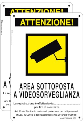 Cartello Attenzione Area videosorvegliata da. Avviso - 20x30cm 100% Made in Italy - 2 Pz Plastica Resistente UV Impermeabile