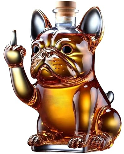Botella de whisky, botella de licor de bulldog francés de 7x5x5 pulgadas que muestra su décimo de vidrio transparente del dedo medio para vino, tequila.