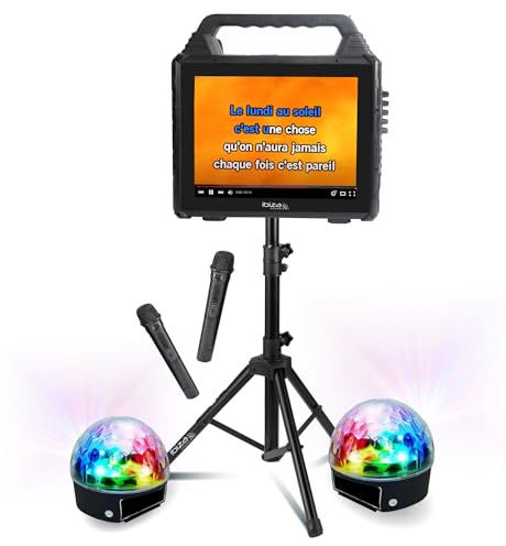 Ibiza - Pack Karaoké Enceinte Ecran USB Bluetooth KARAVISION sur Pied - 2 Effets Lumière Party-ASTRO6 - Evénements Soirée