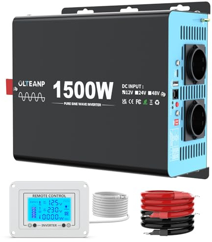 OLTEANP 1500W 12v a 230v Pure Sine Wave Voltage Converter Convertidor De Potencia con 2 Salidas De Ca, Puerto USB&Tipo-C para Camiones, Vehículos, Corte De Energía, Control Remoto con Pantalla LCD