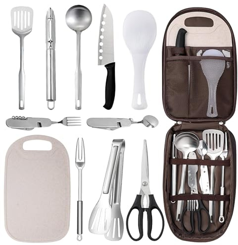 10-teiliges Camping Geschirr Set Edelstahl, Leichtes Camping Kochgeschirr mit Aufbewahrungstasche, Camping Besteck Kochutensilien für Outdoor, Wandern, Trekking, Picknick Wohnmobil